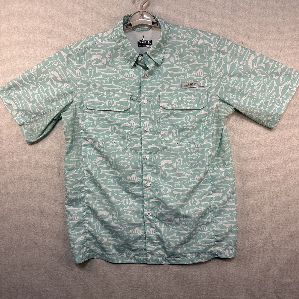 Habit Men's Medium Button Up Shirt All Over Fish‎ Print UPF Solar Factor Vented